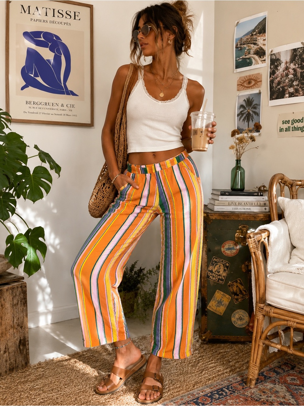 Free People Bright Multi-Stripe Wide-Leg Pants Size 2